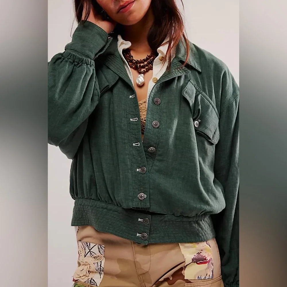 NWOT Free People Billy Saddle Green Bomber Jacket Linen Blend Size XS